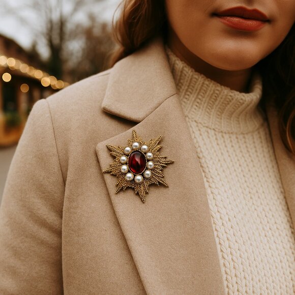Vintage Ruby & Pearl Starburst Brooch – Quiet Luxury Holiday Statement Pin - Picture 1 of 10